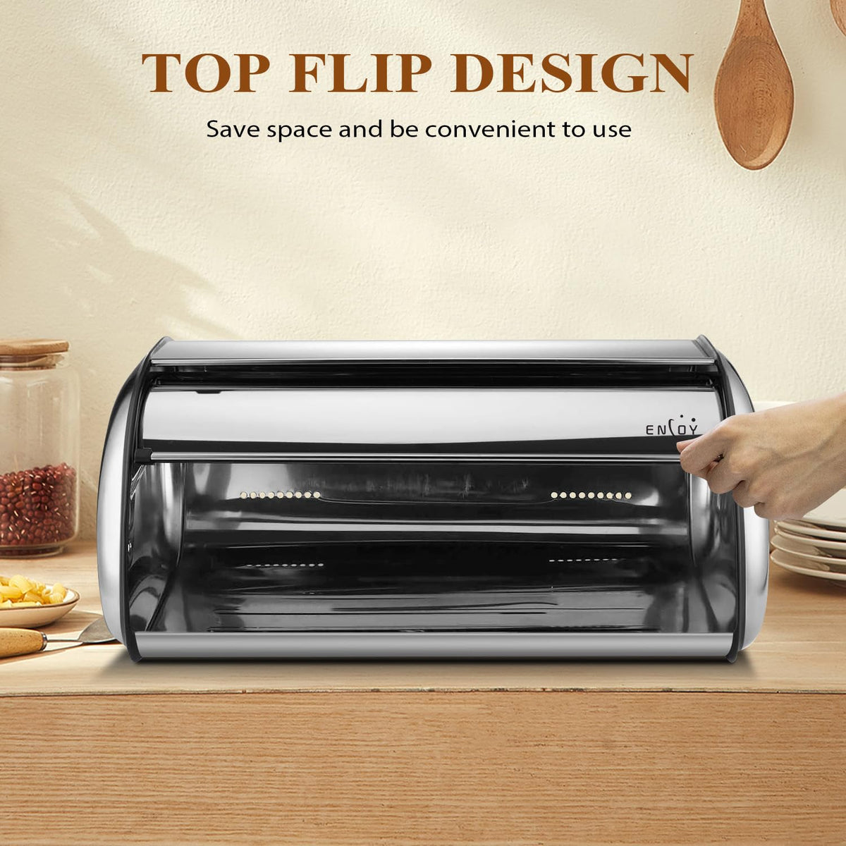 ENLOY bread box top-lid flat surface ideal for extra storage.