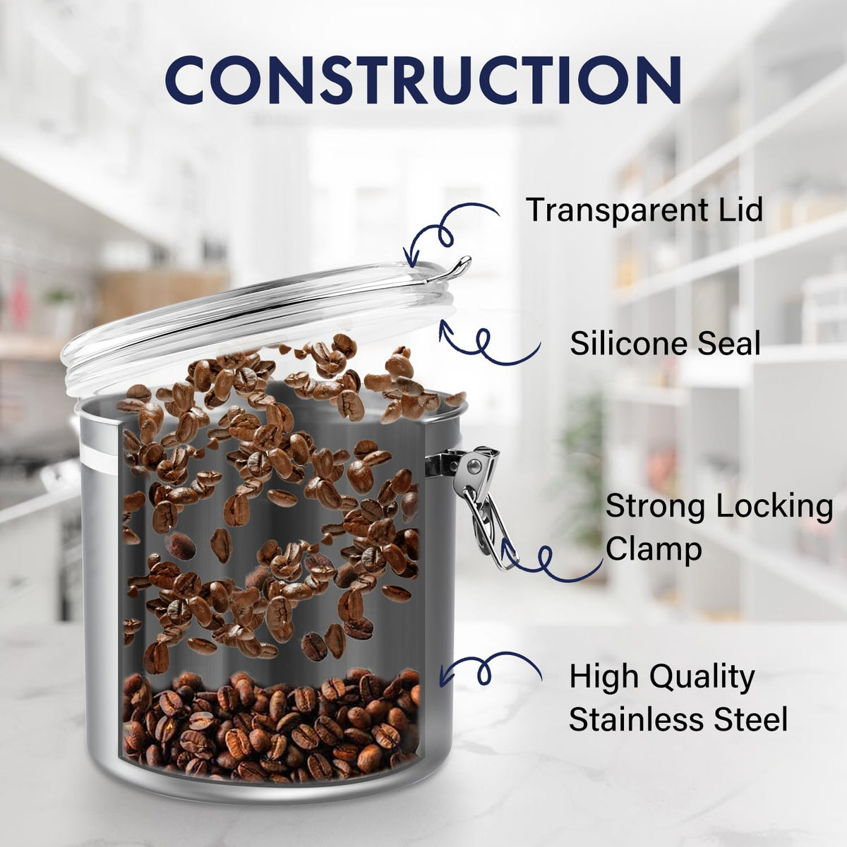 Stainless steel ENLOY canister in dishwasher-safe design.