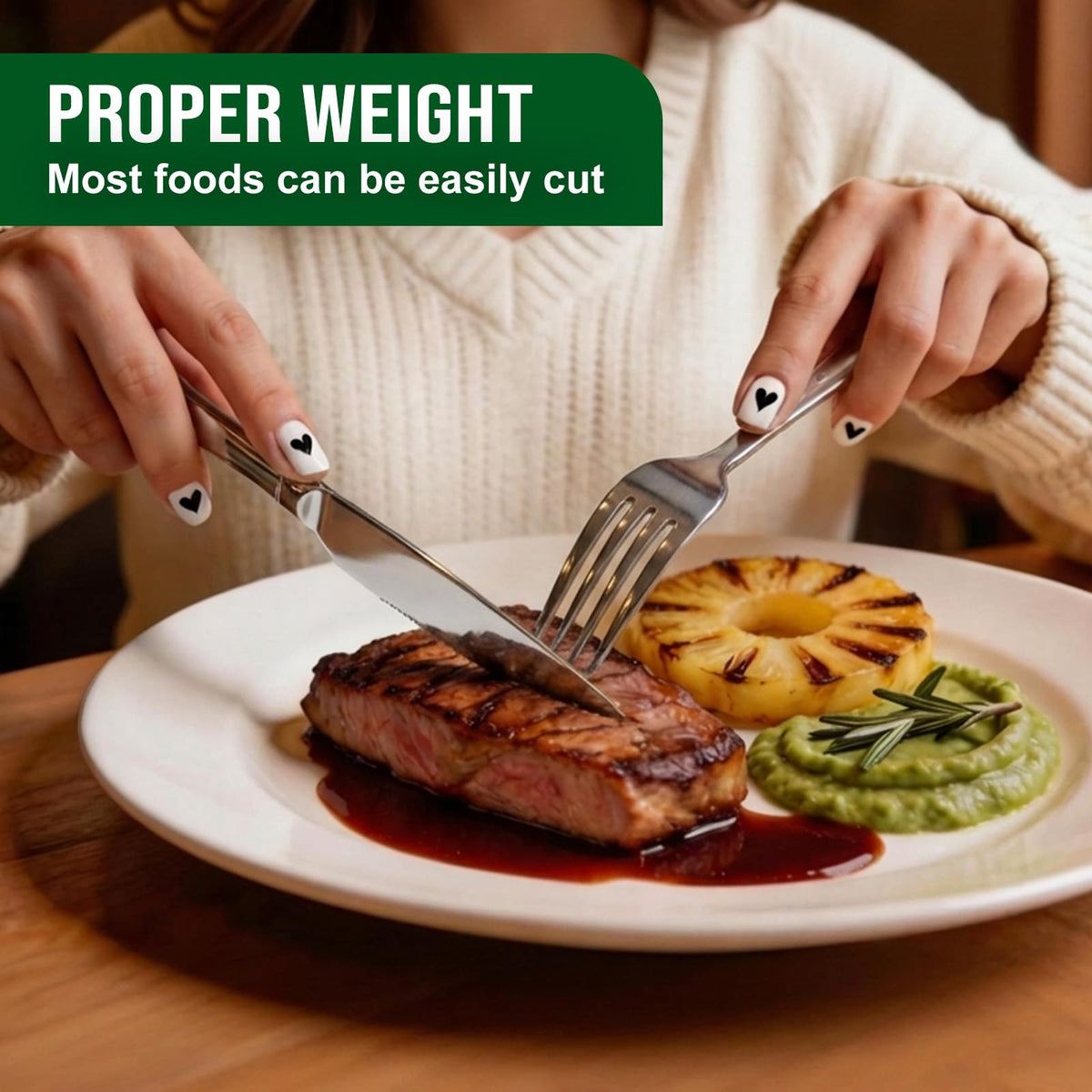 ENLOY stainless steel steak knives delivering clean cuts at family dinners.