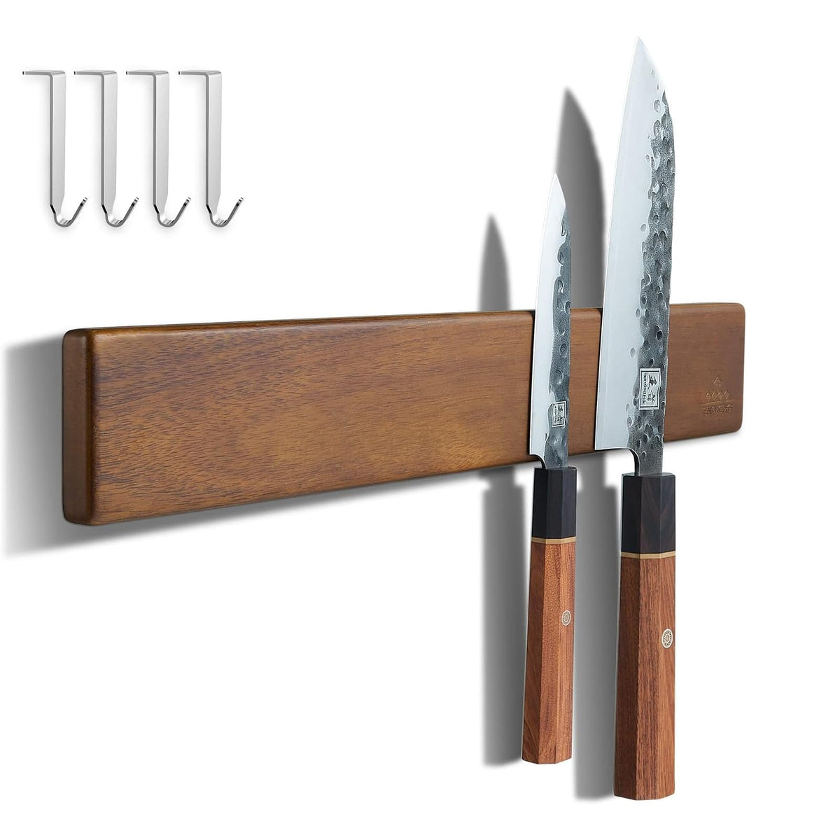 ENOKING 16-inch magnetic knife strip in acacia wood protects blades while organizing the kitchen.