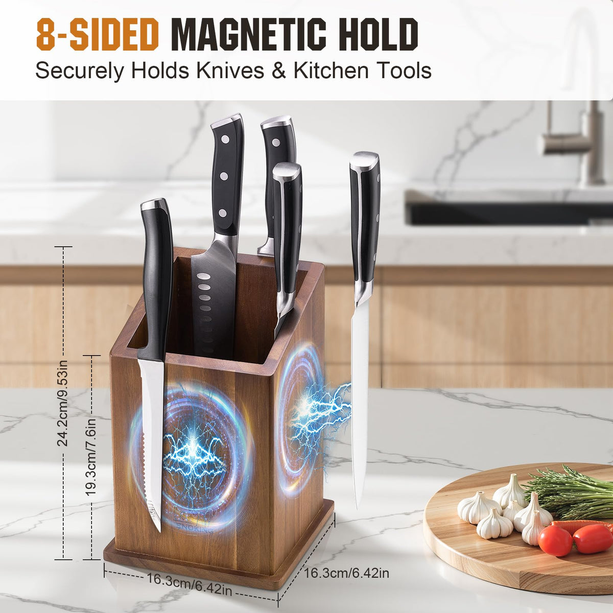ENOKING acacia wood knife block front-view shows natural grain and sturdy finish.