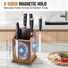 ENOKING acacia wood knife block front-view shows natural grain and sturdy finish.