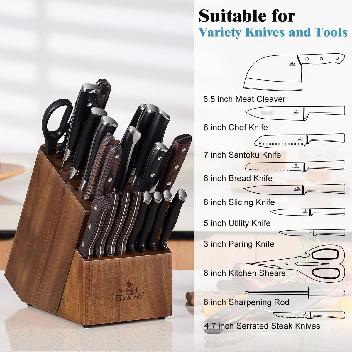 Natural acacia wood ENOKING block adds durability and elegant kitchen appeal.