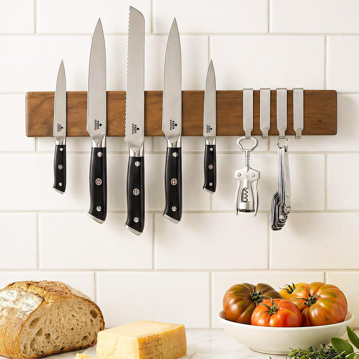ENOKING acacia wood surface provides moisture resistance and a non-scratch area for knives.
