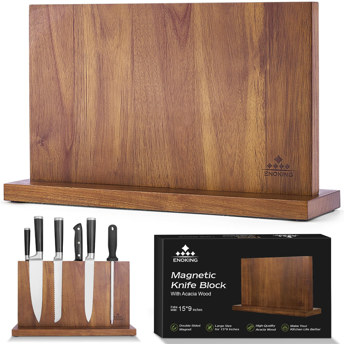 ENOKING extra-large knife block in acacia wood for secure storage of large blades