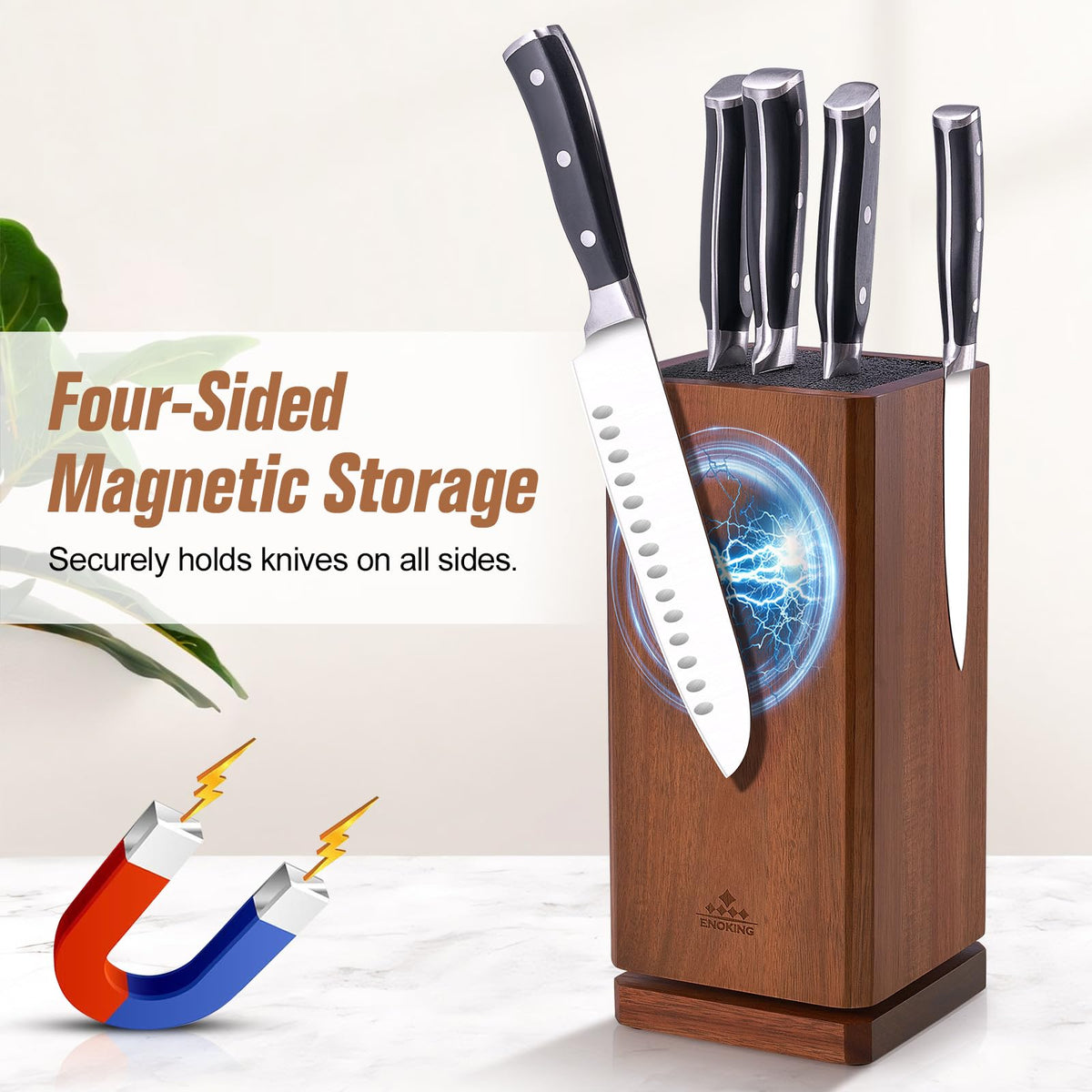 ENOKING four-sided magnetic acacia stand keeps knives secure on every face.