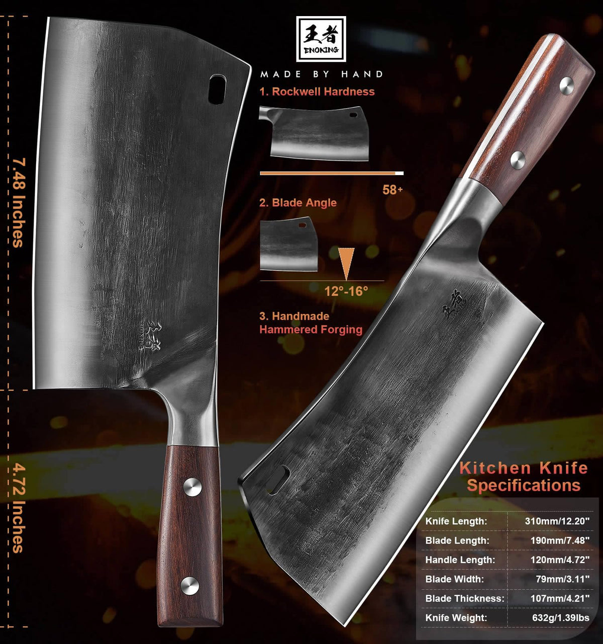 ENOKING high-carbon steel edge at 16° per side for precise chops.