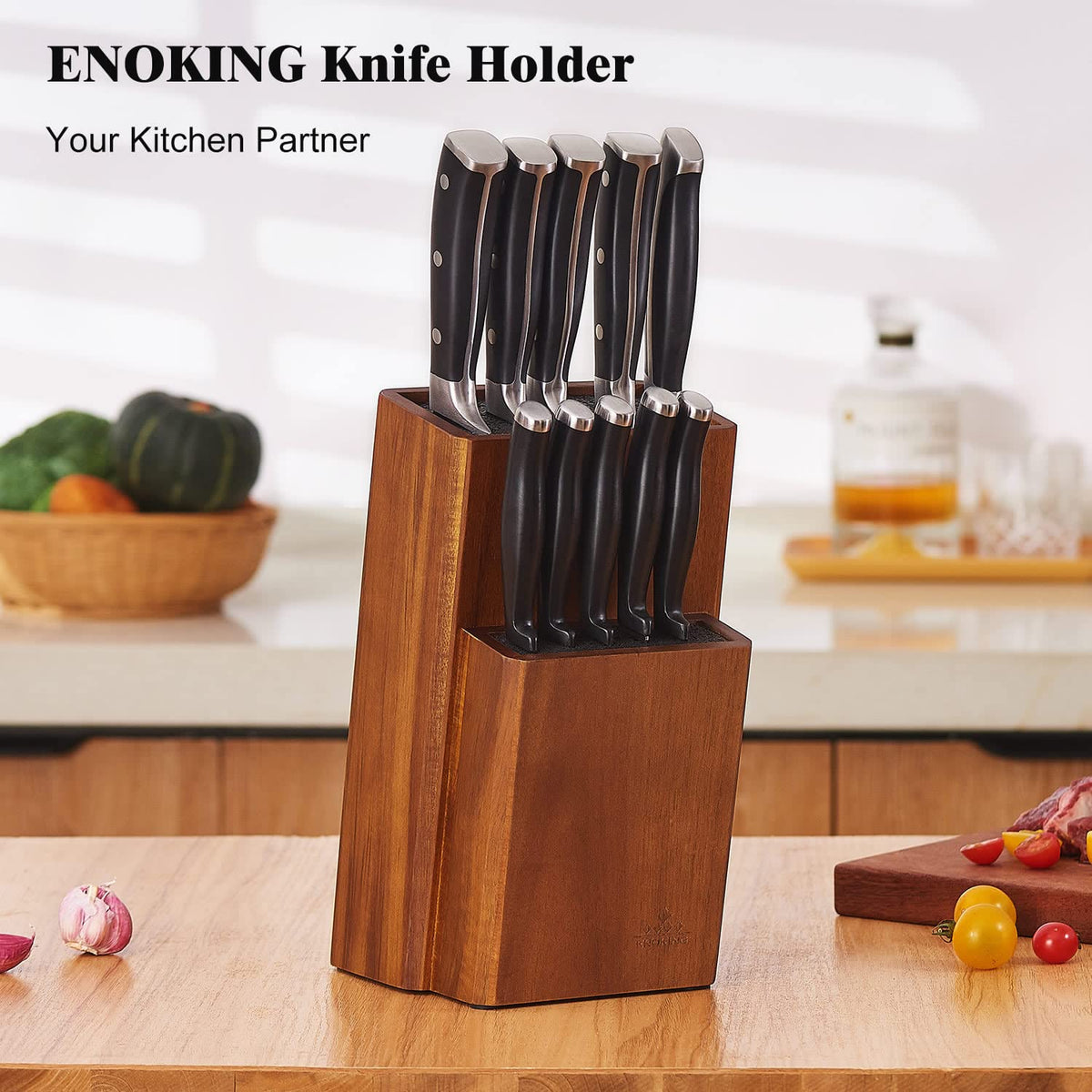 ENOKING knife block front view highlights solid acacia construction and organized blades.