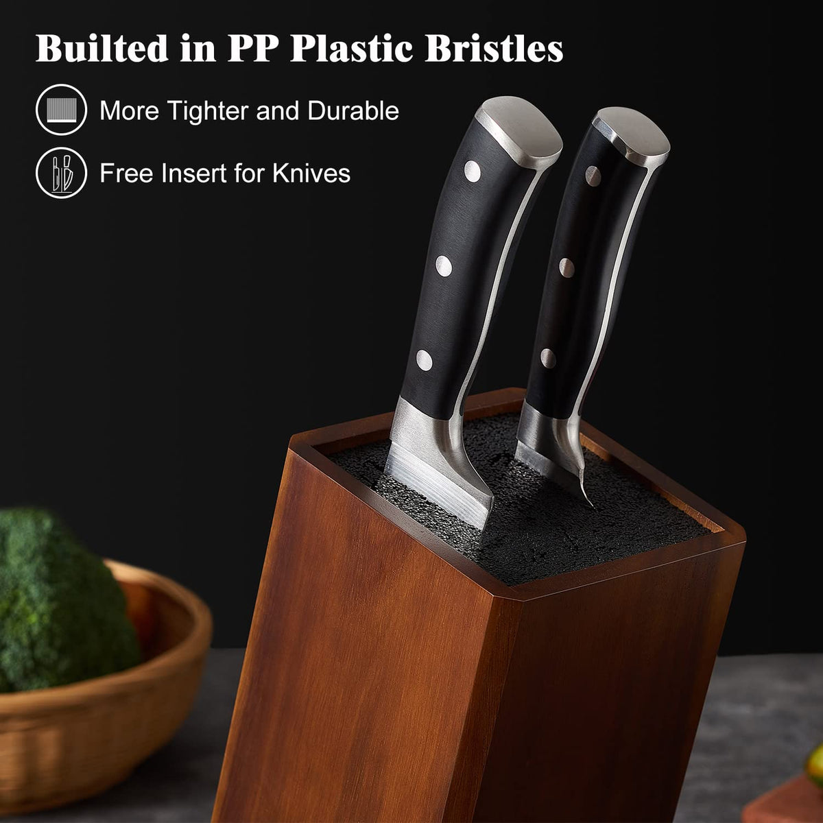 ENOKING knife block with removable bristles securely holds multiple knives without crowding.