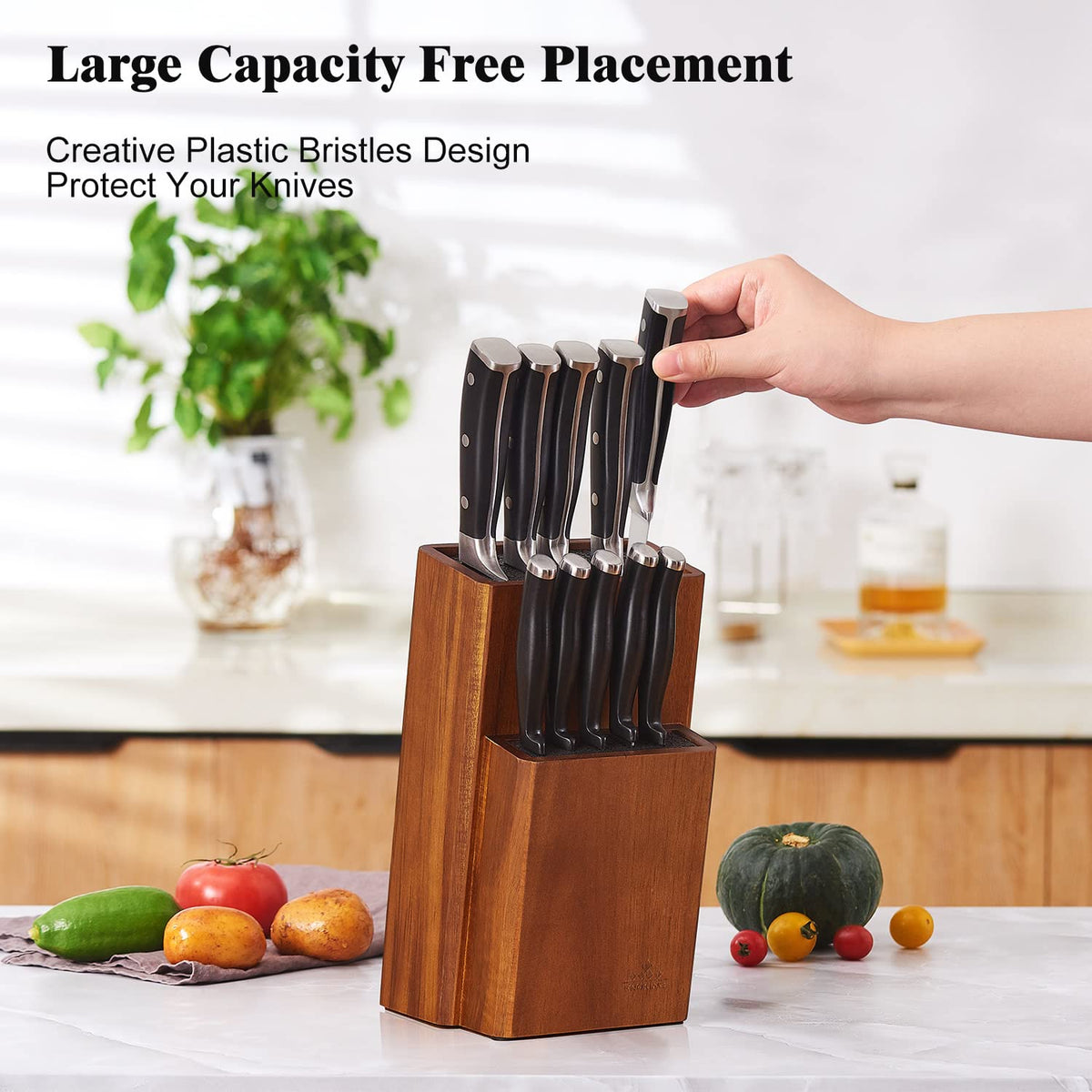 ENOKING knife block under-cabinet dimension demonstrates compact fit and blade accessibility.