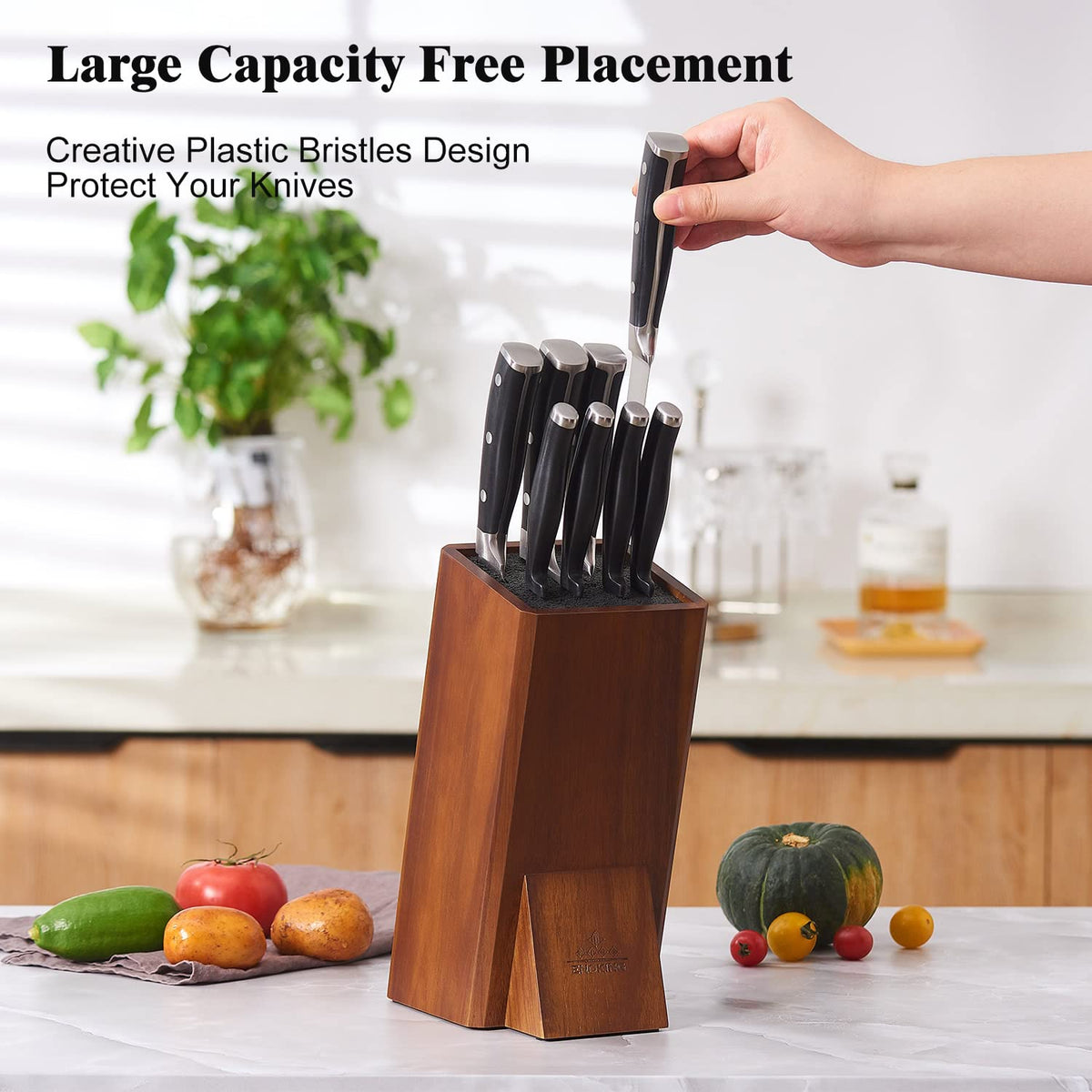 ENOKING knife block demonstrates under-cabinet height fit for compact counter spaces.