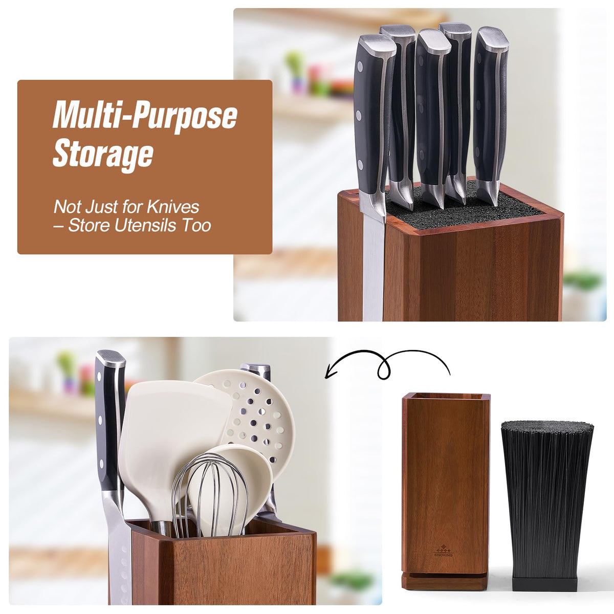 ENOKING large-capacity knife storage saves counter space while keeping knives within reach.