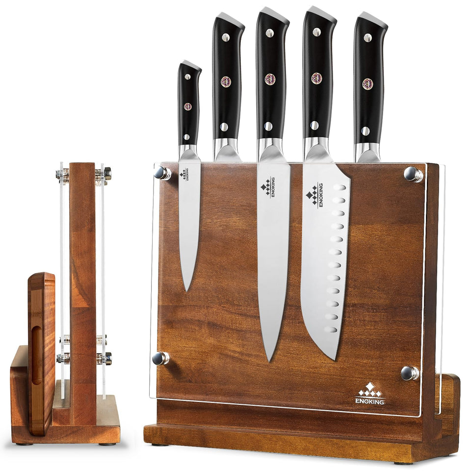 ENOKING magnetic knife block in acacia wood front view, organized and accessible knives