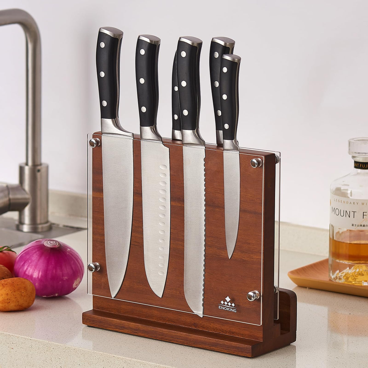 ENOKING acacia wood knife block back compartment for cutting board storage