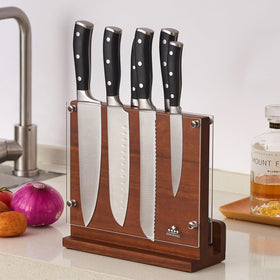 ENOKING acacia wood knife block back compartment for cutting board storage