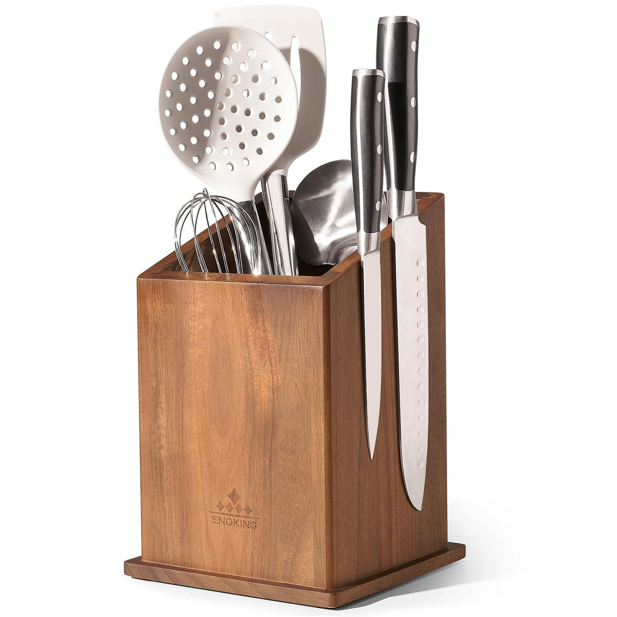 ENOKING magnetic knife holder with four sided magnets keeps blades secure on the counter.