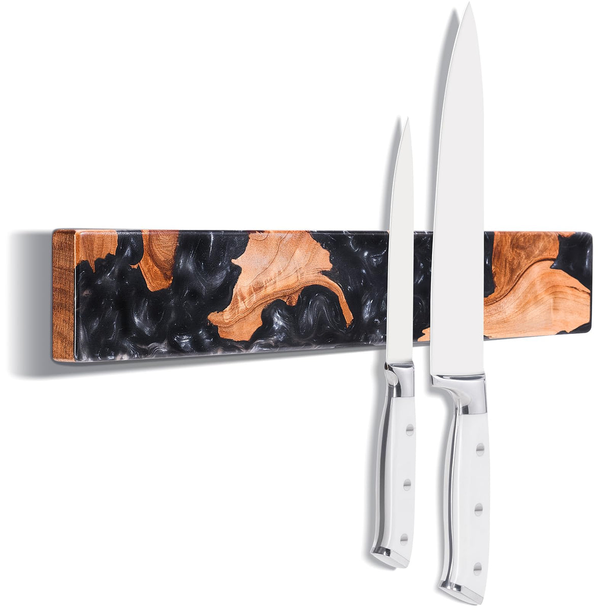 ENOKING magnetic knife holder on wall with acacia burl wood texture for stylish organization
