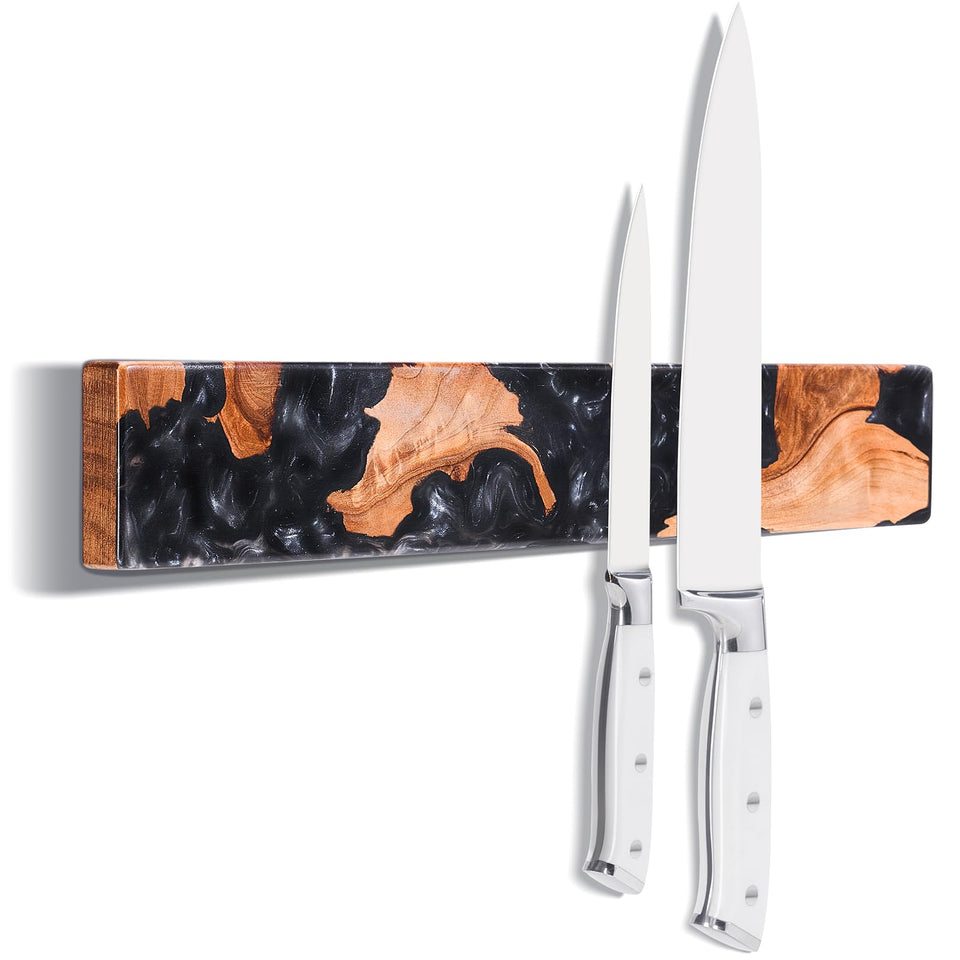 ENOKING magnetic knife holder on wall with acacia burl wood texture for stylish organization