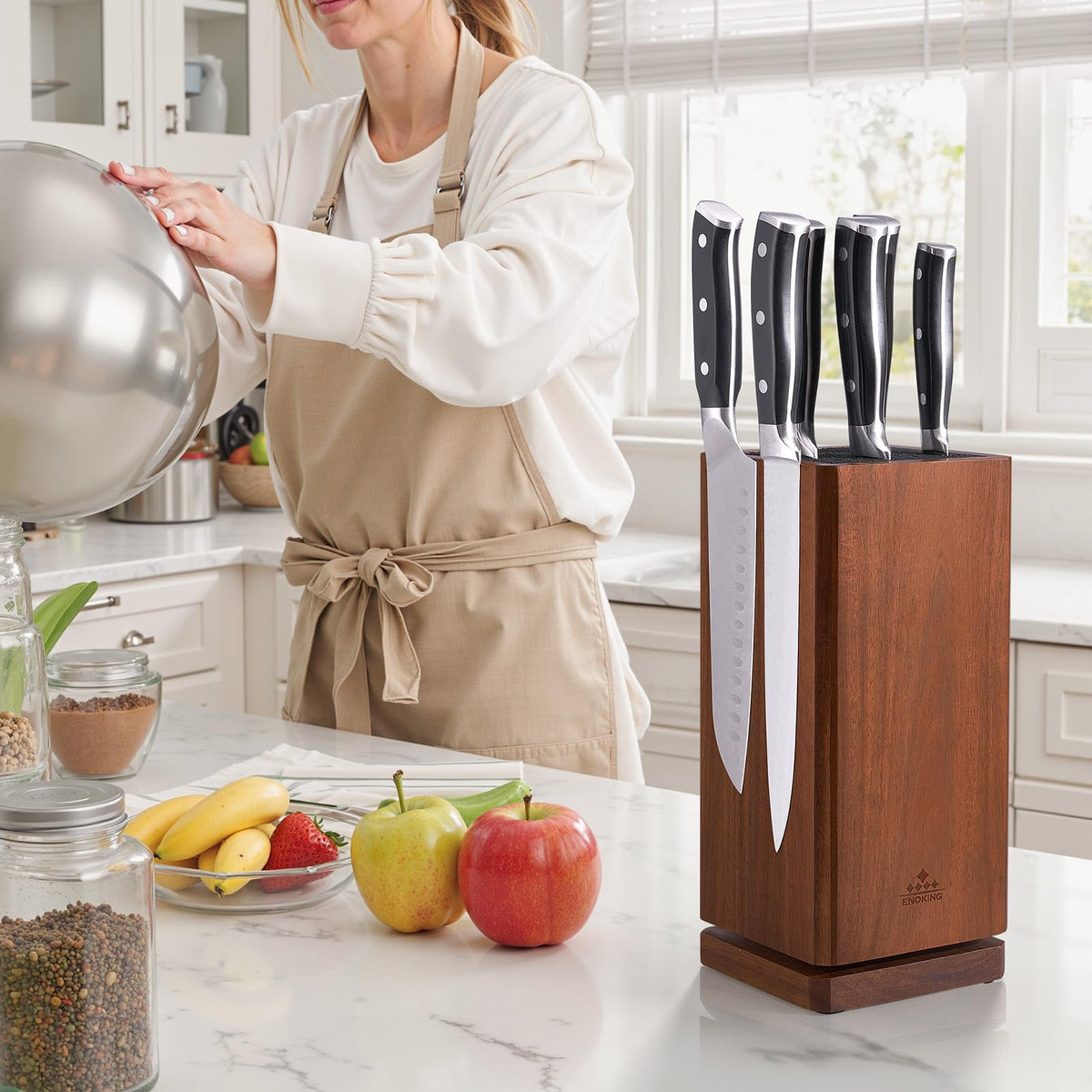 ENOKING modern acacia wood design complements contemporary kitchens while keeping knives organized.