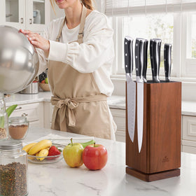 ENOKING modern acacia wood design complements contemporary kitchens while keeping knives organized.