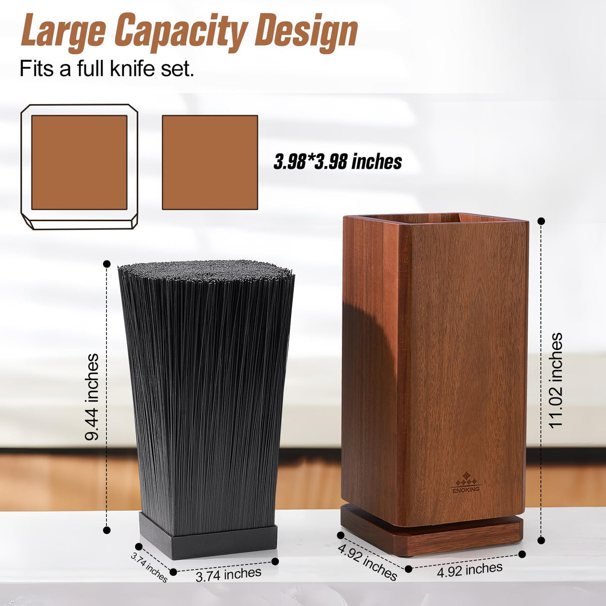 ENOKING premium acacia wood craftsmanship highlights natural grain for a stylish kitchen display.