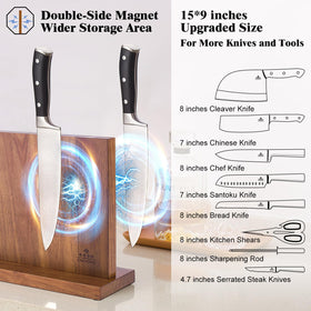 ENOKING side view of the knife block showing dual-sided storage in acacia wood