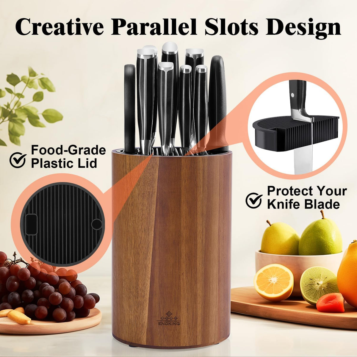 ENOKING acacia wood base adds durability with natural kitchen aesthetic