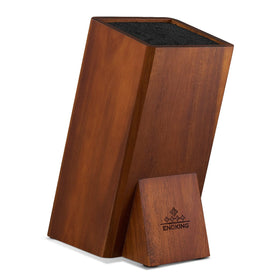 ENOKING universal knife block in acacia wood showcases sturdy, elegant storage for sharp blades.