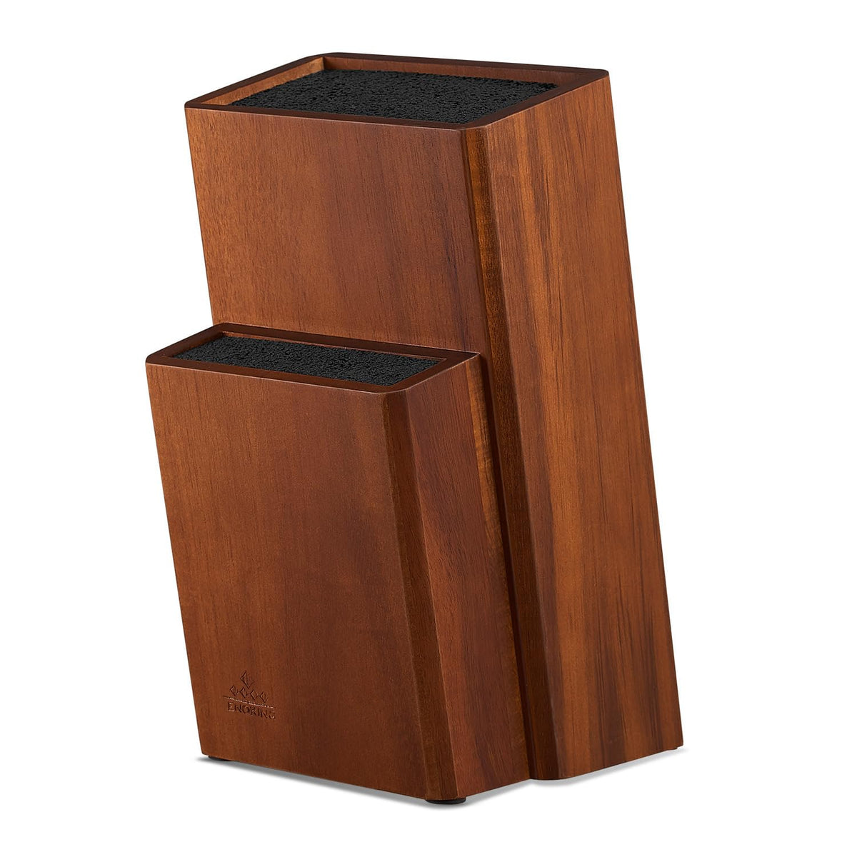 ENOKING universal knife block showcasing acacia wood and organized knife slots for safe counter storage.