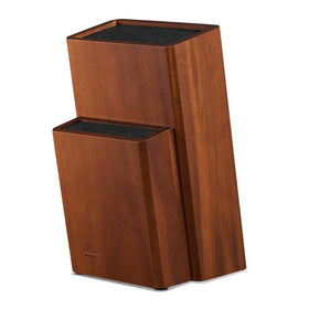 ENOKING universal knife block showcasing acacia wood and organized knife slots for safe counter storage.