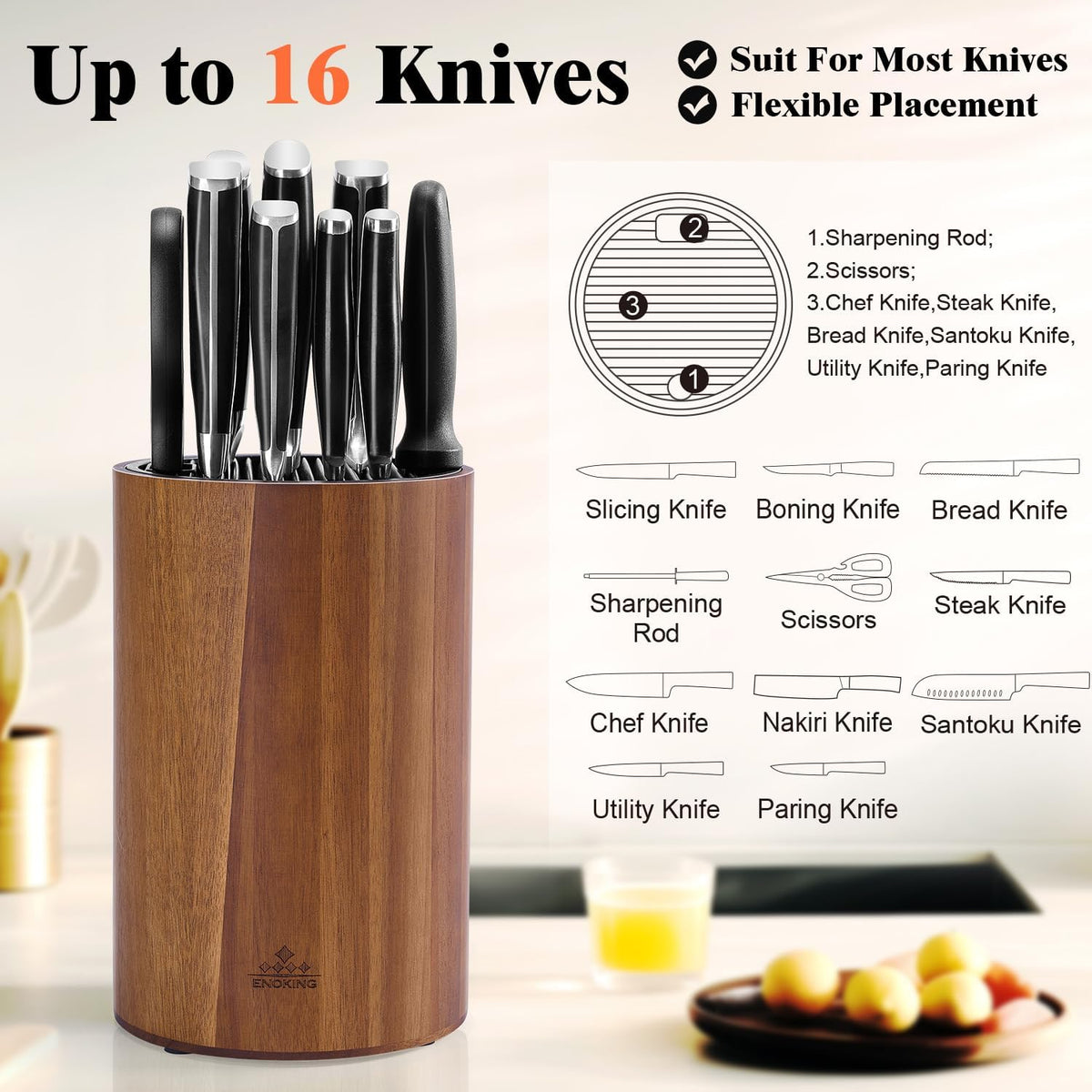 ENOKING non-slip base keeps the block steady on counters during prep