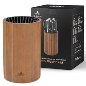 ENOKING universal knife block with lid shows acacia wood finish for clean storage