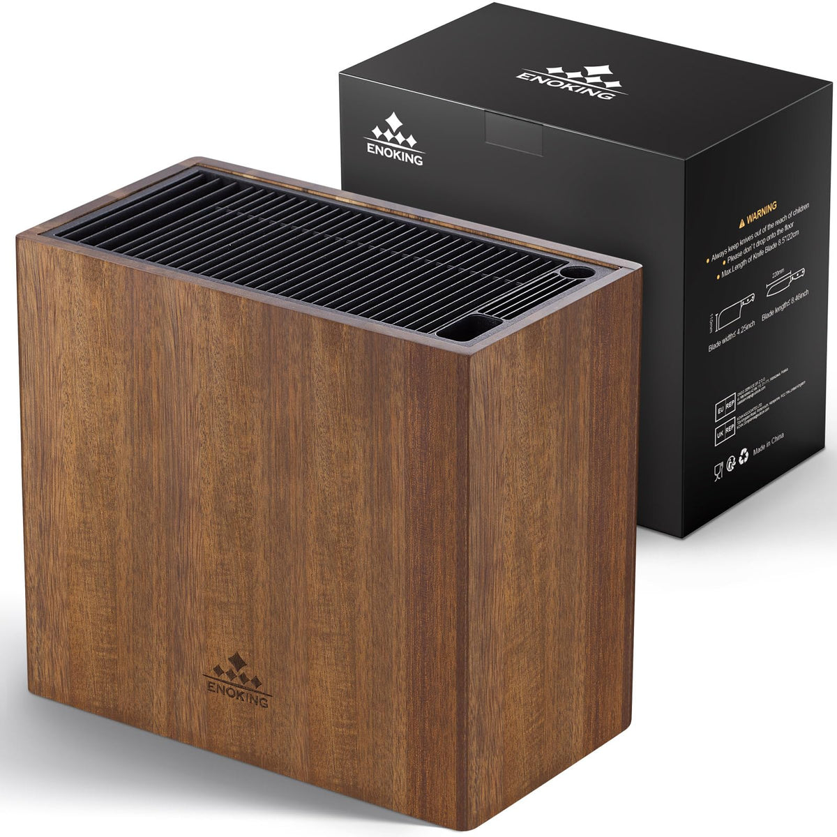 ENOKING XXL acacia wood knife holder in full block form for organized countertop use.
