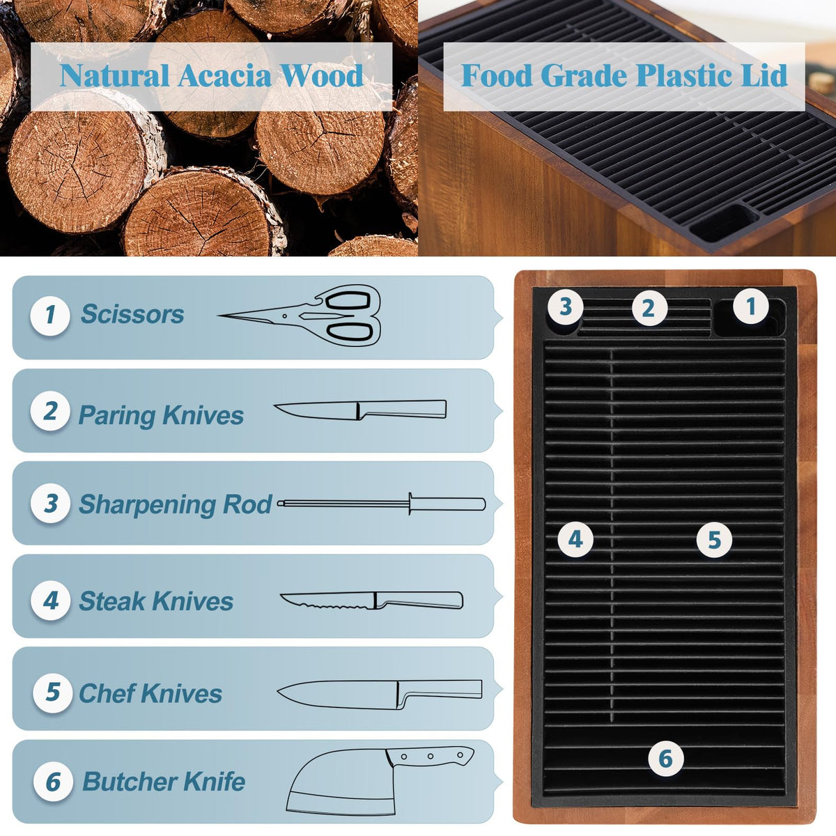 ENOKING XXL meat cleaver-compatible slot accommodating wide blades for butcher prep.