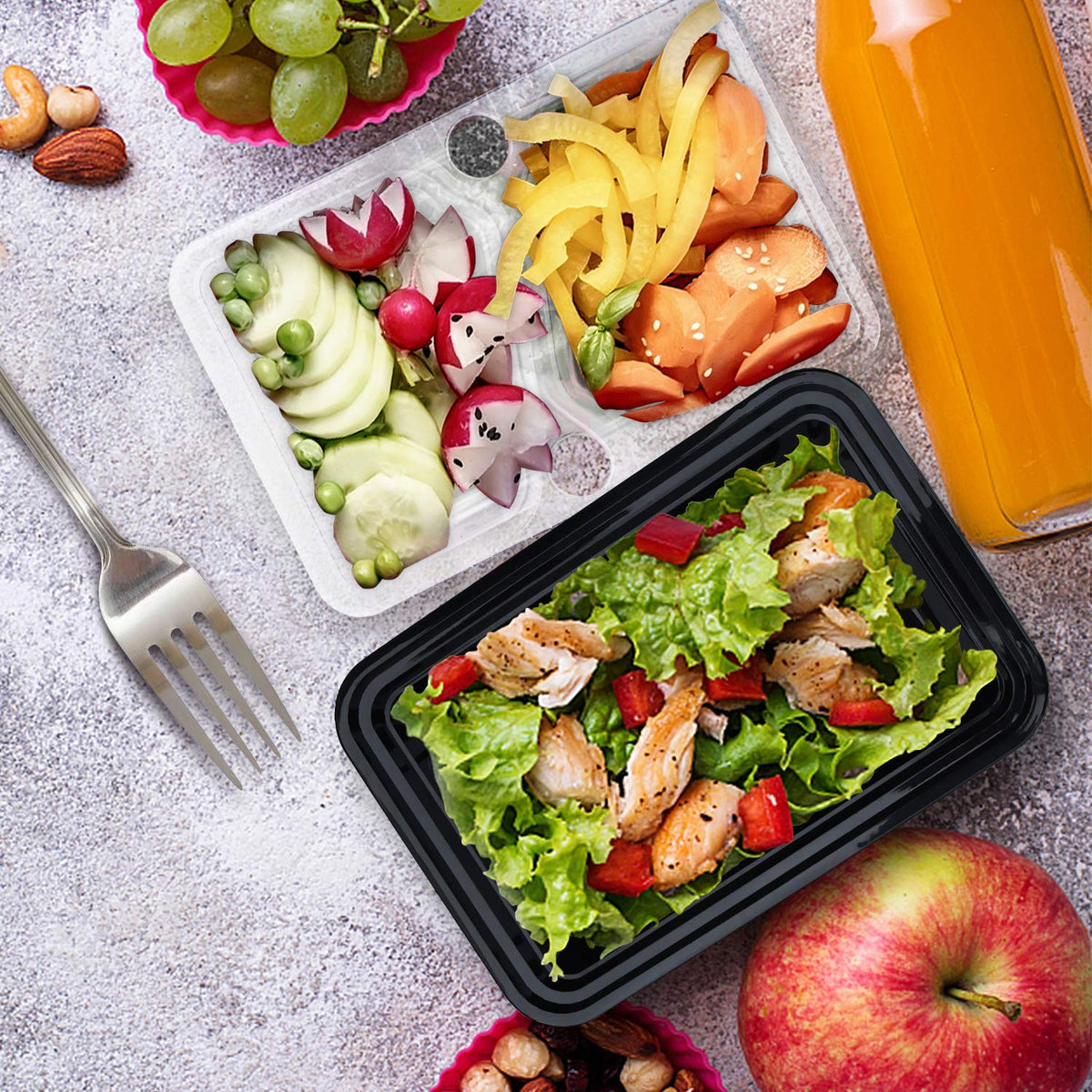 Enther airtight lids keep foods fresh while hot or cold for on-the-go meals.