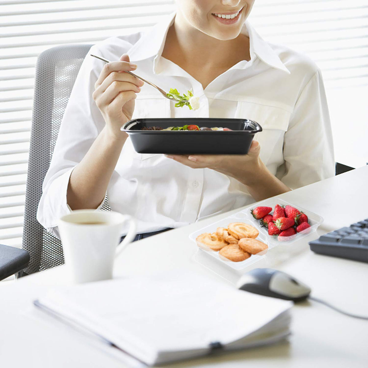 Enther two-compartment dividers promote portion control for healthy eating.