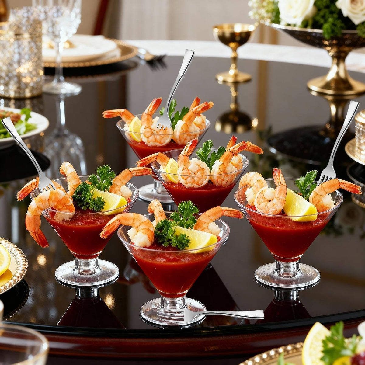 Entrirolly shrimp cocktail cups illustrate layered presentations for events.
