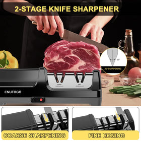 Enutogo knife sharpener 20-degree edge guide ensuring precise sharpening across blades.