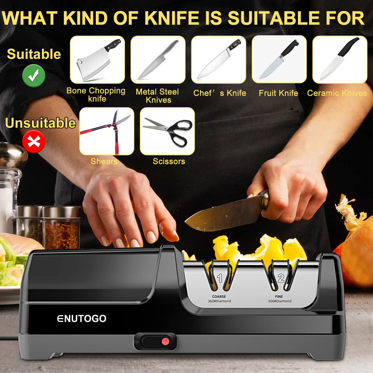 Enutogo knife sharpener knife insertion angle for controlled sharpening.