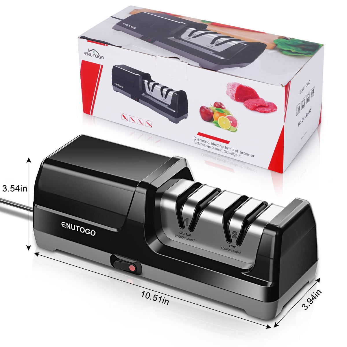 Enutogo knife sharpener on/off switch for simple operation.