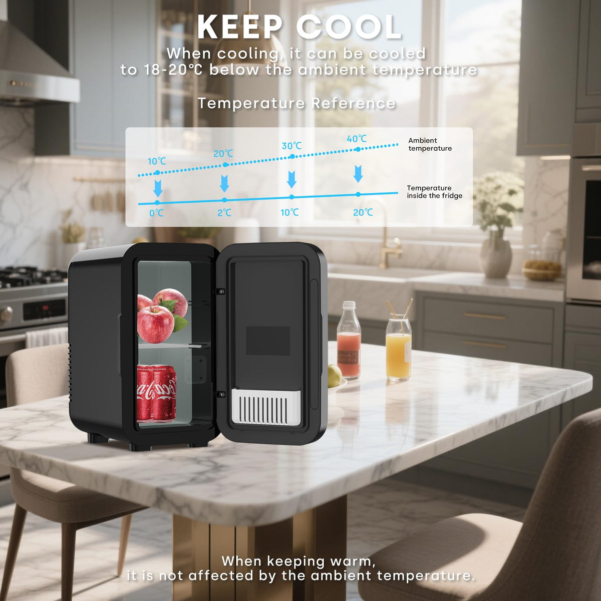 Enventor Mini Fridge door open for easy access to cosmetics and drinks