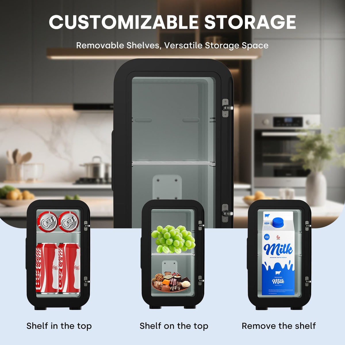 Enventor Mini Fridge interior with removable shelf for skincare and snacks