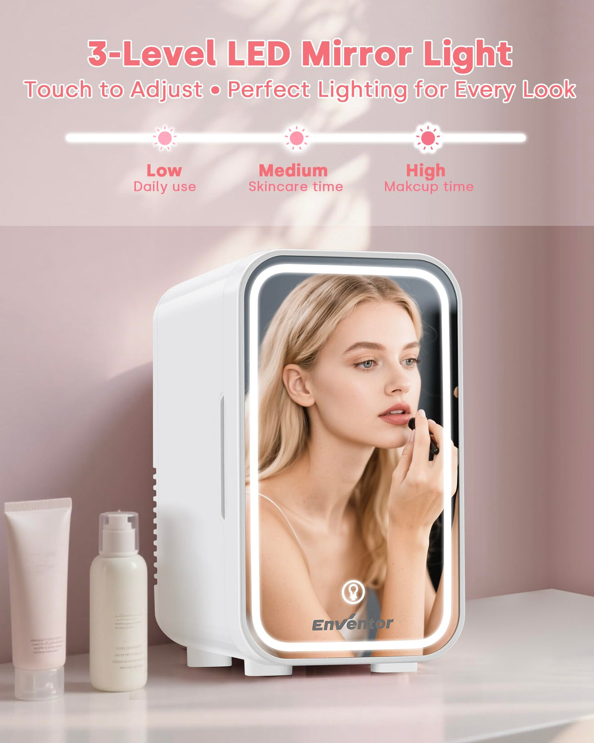 Enventor Mini Skincare Fridge interior with removable shelf for flexible storage
