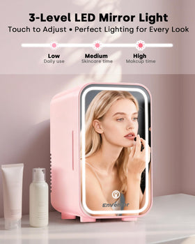 Enventor mini fridge showcasing the built-in LED mirror for precise applications.