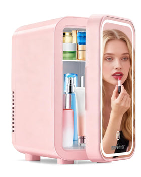 Enventor mini skincare fridge pink front view with LED mirror for quick makeup touch-ups.