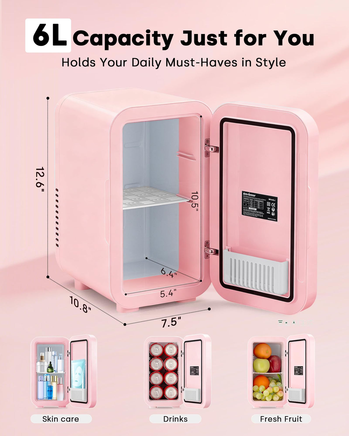 Enventor ultra-quiet beauty fridge suitable for bedrooms and vanities.