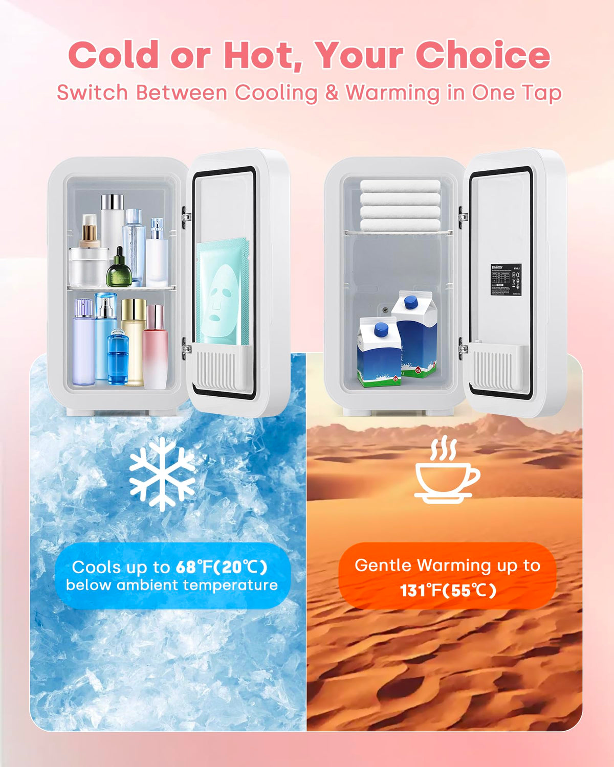 Enventor Mini Skincare Fridge warming mode gently heats towels