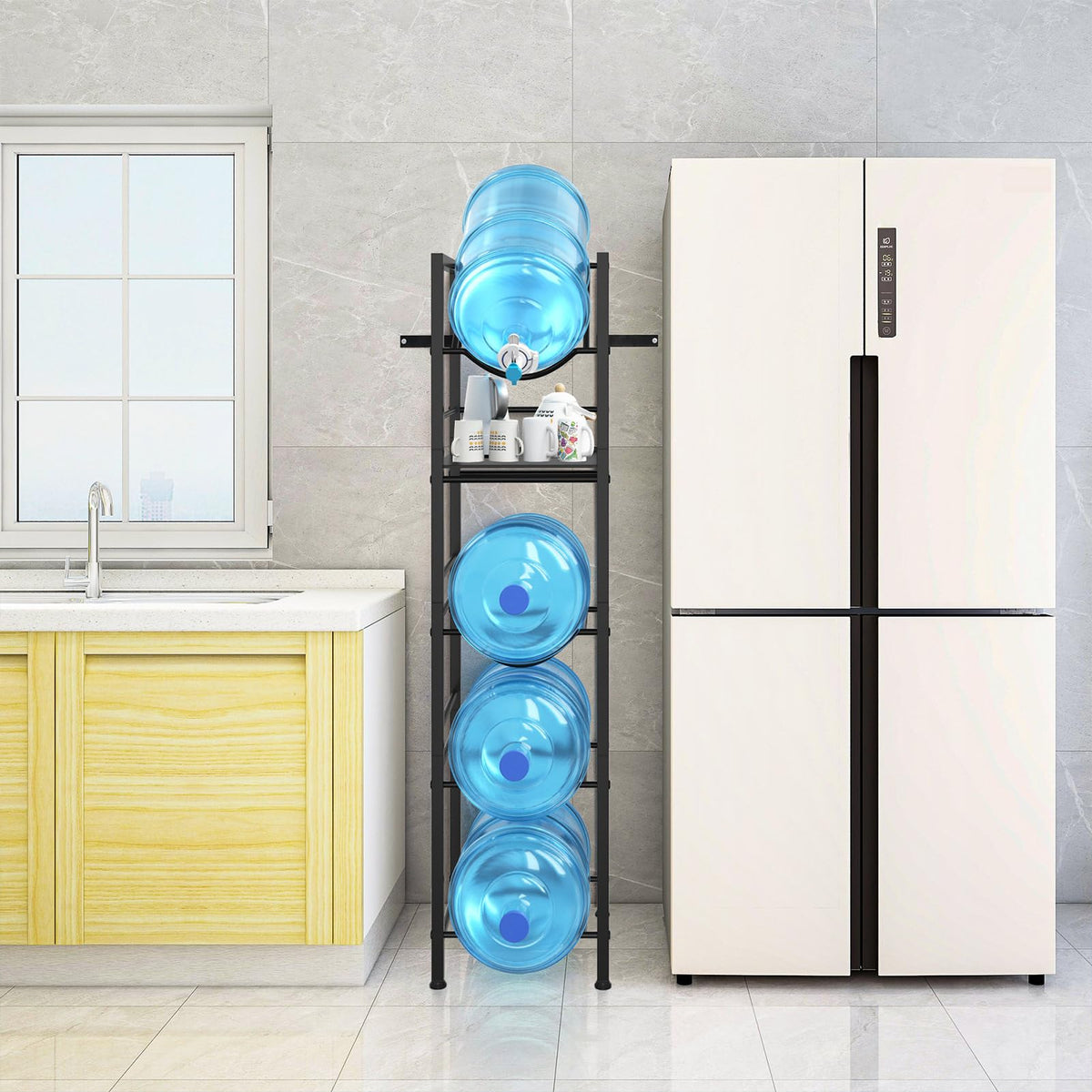 Eocnrhe steel frame durable construction supports multiple jugs.
