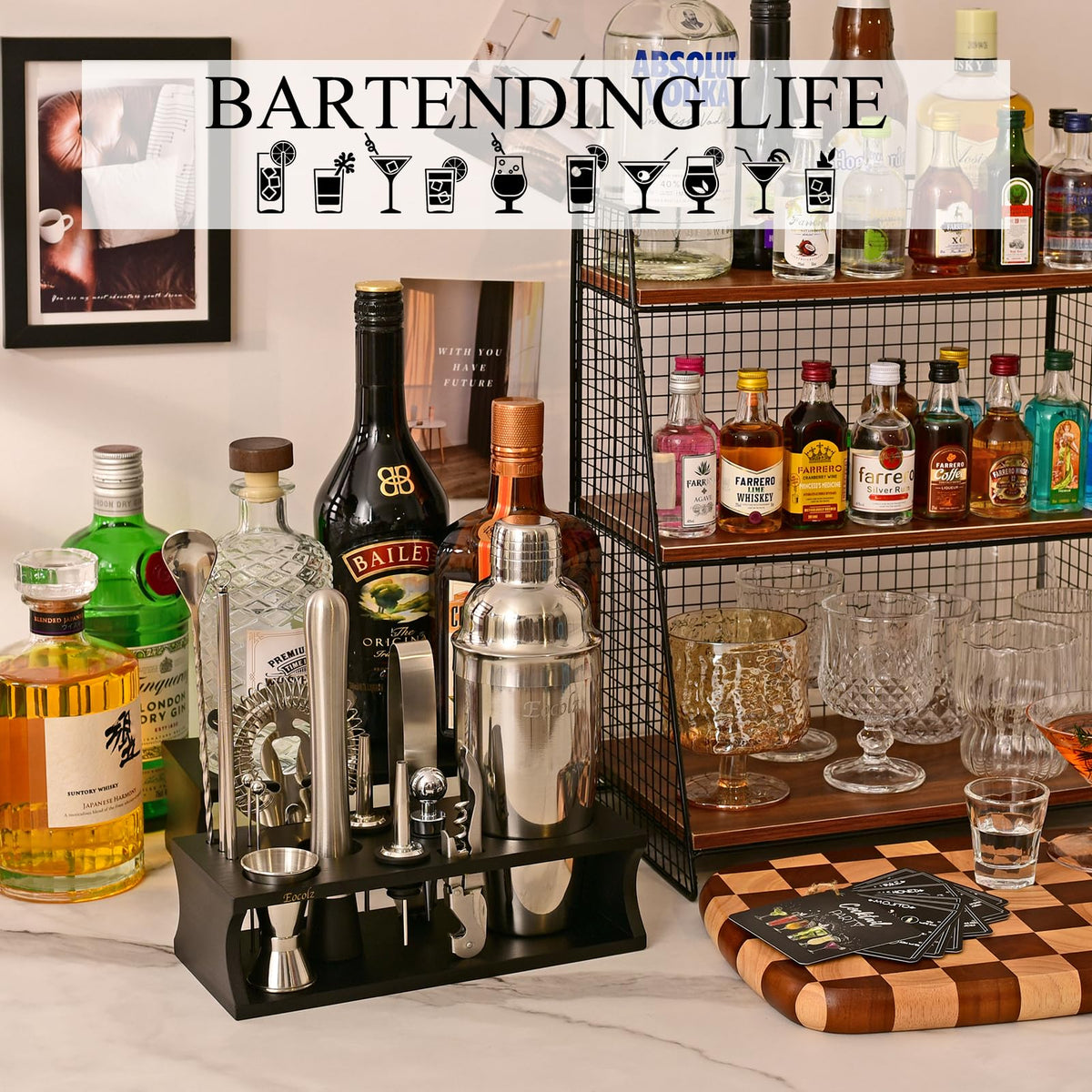 Eocolz liquor pourers and corkscrew help controlled pours.