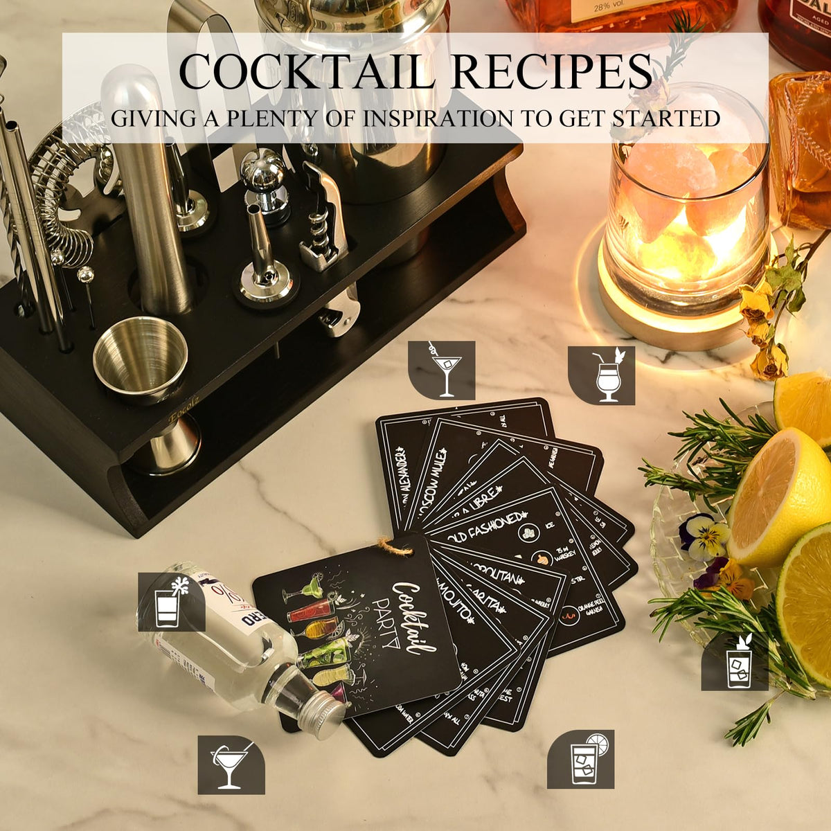 Eocolz strainer and ice tongs ensure clean pours.